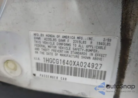 1999 Honda Accord Lx V6 из США, поврежденный, VIN 1HGCG1640XA024927